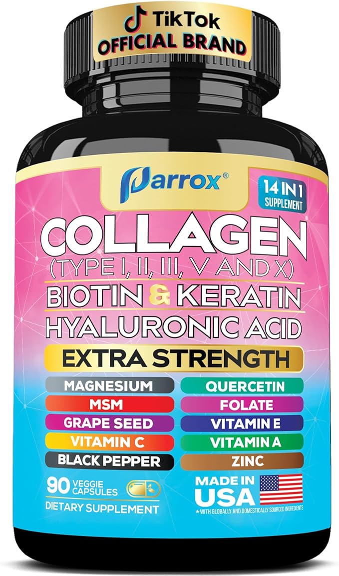 Collagen Peptides Types I II III V &amp X MCG Biotin Keratin Hyaluronic Acid MSM Zinc Grape Seed Extract Quercetin Vitamin A Vitamin C Vitamin E Magnesium Folic Acid (90 Capsules)