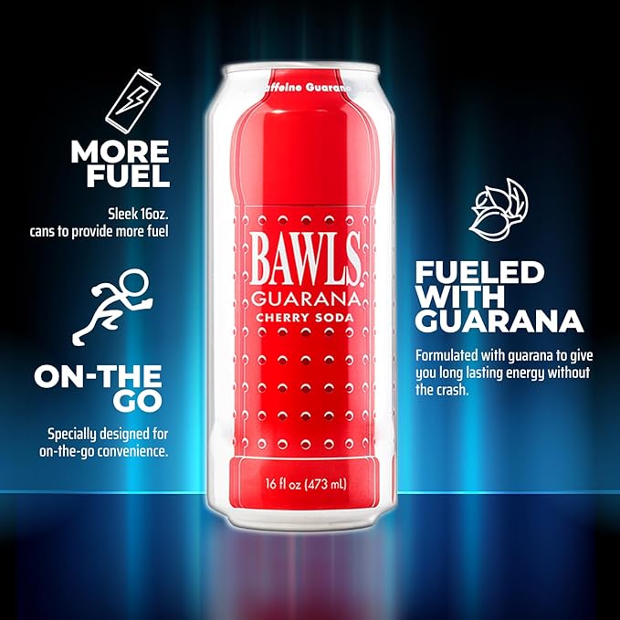 BAWLS Guarana Cherry BAWLS Guarana Drink Guarana Soda Guarana Fueled Soda for Energy High Energy Caffeinated Drink 16oz 24 Pack Cans