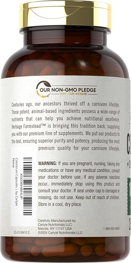 Carlyle Colostrum Capsules | 1000mg | 250 Count | 20% IGG | Non GMO Gluten Free Supplement | by Herbage Farmstead
