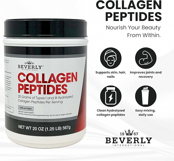 Beverly International Collagen Peptides Protein Powder. Youthful Appearance- Skin Hair Nails Bones and Joint Health. Easy to Use Highly Absorbable. 18 Grams of Protein Unflavored 20 oz.
