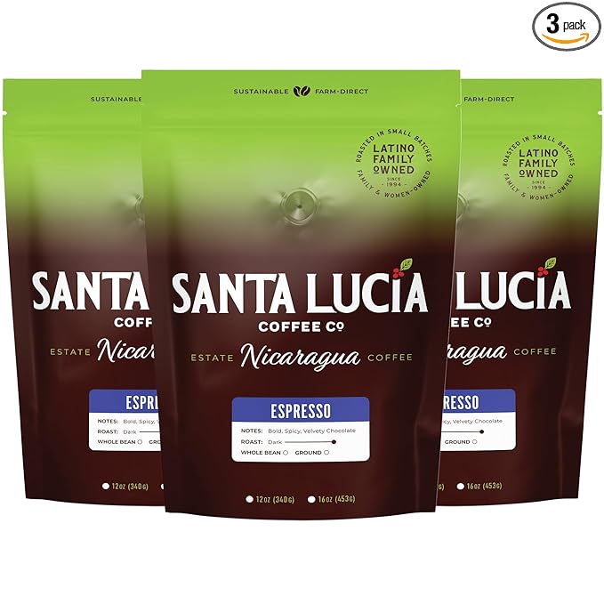Santa Lucia Coffee Café Crema Espresso Roast Coffee - Specialty Volcanic Nicaraguan Espresso Roast - Farm-Direct Low-Acid - Dense Golden Crema - 91-Point Small-Batch - Ground - 16oz (Pack of 3)