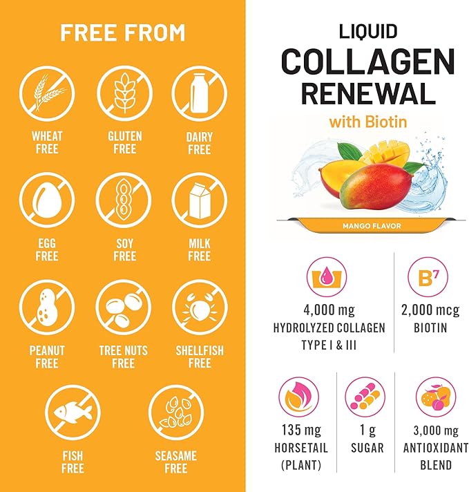 NatureWise Hydrolyzed Liquid Collagen for Women &amp Men 4000mg - No Added Sugar - Multi Collagen Peptides + Biotin + Vitamin C + Vitamin B Complex &amp Hyaluronic Acid - Mango - 15.22 fl oz[45 Day