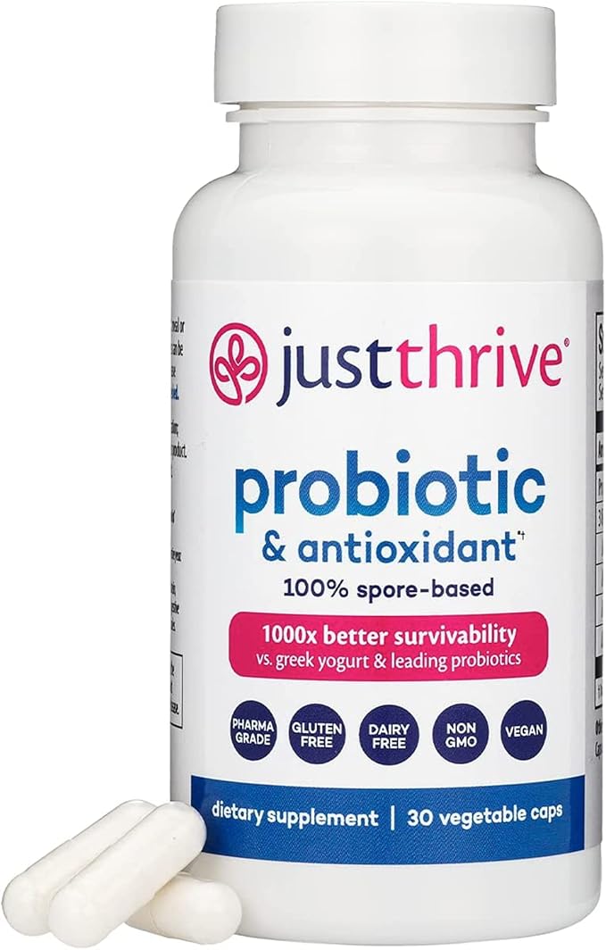 Just Thrive Probiotic &amp Antioxidant Supplement - 100% Spore-Based Digestive and Immune Support - Gluten Free 30 Caps