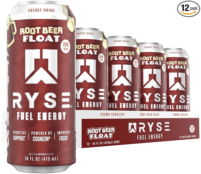 RYSE Fuel Energy Drink - Root Beer Float - Sugar Free - 200mg Natural Caffeine New Formula to Supports Cognitive Health &amp Improves Focus - No Artificial Colors - 16 fl oz Cans (12-Pack)