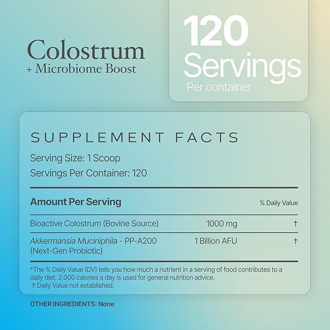 Colostrum Powder | Grass-Fed Bovine Colostrum with Akkermansia Probiotic 1B AFU | Microbiome &amp Gut Support | High IgG Advanced Formula | 120 Servings