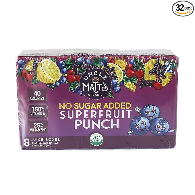 Uncle Matt’s Organic Juice Boxes – 32 pack No Added Cane Sugar Superfruit Punch USDA Organic Only 40 Calories with Vitamin C D &amp Zinc Kid-Friendly Juice Drinks