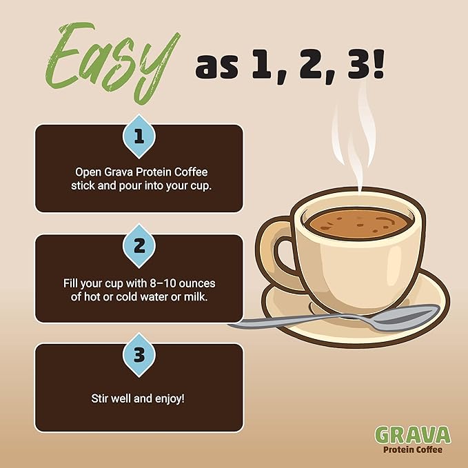 Grava Organic Plant Protein Coffee Sticks Vanilla - 8g Plant Protein 80mg Caffeine - Monk Fruit Sweetener - USDA Organic Non-GMO &amp Fair Trade - Gluten Free &amp Vegan - Single Serve Packet 20