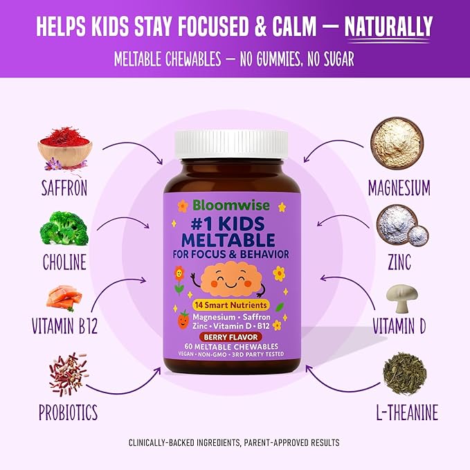 Bloomwise Kids Supplements for Focus &amp Calm 14-in-1 Brain Behavior Mood &amp Attention Support | Magnesium Saffron Zinc Vitamin D &amp B12 | Sugar-Free Vegan Berry Meltables 60 chewable Ta