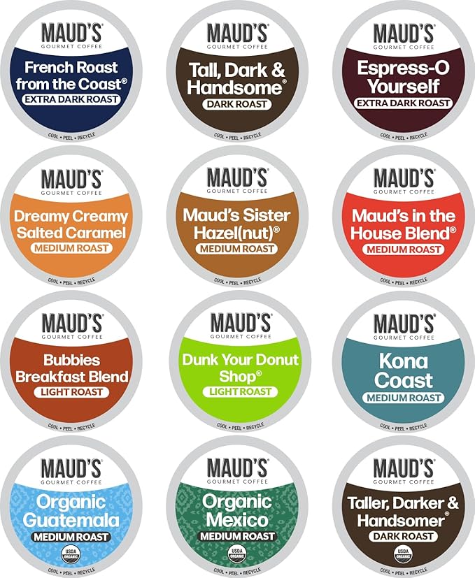 Maud's Family Pack Coffee Pods Variety Pack 136 ct 12 Assorted Flavors Medium Roast Single Serve Pods – 100% Arabica Coffee Compatible with Keurig K Cups Maker