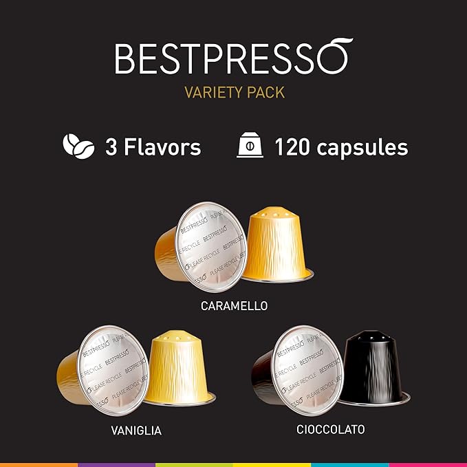 Bestpresso Coffee for Nespresso Original Machine 120 Aluminum pods Certified Genuine Espresso Variety Pack CaramelVanilla and Chocolate