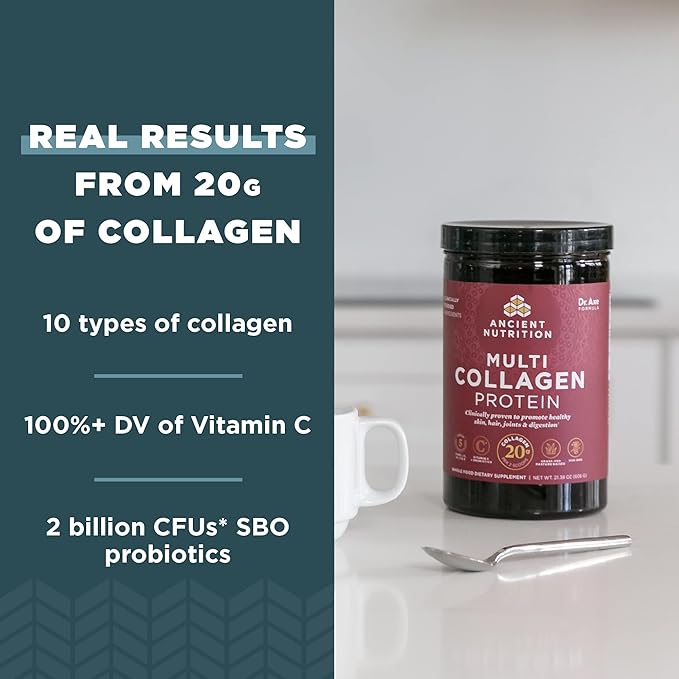 Ancient Nutrition Multi Collagen Protein Powder Unflavored 60 Servings + Supergreens Powder Greens Flavor 25 Servings