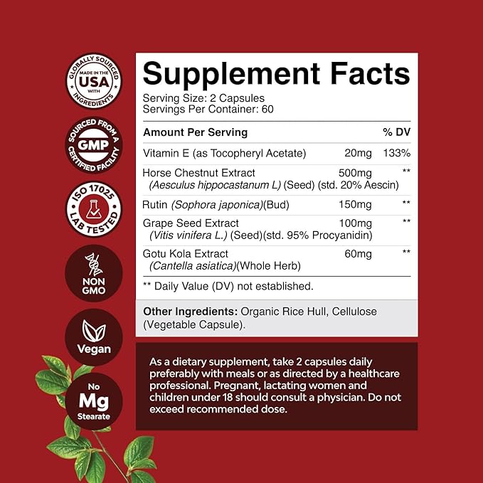 Natures Craft Vein Support Supplement for Leg and Veins - Full Body Supplement for Spider &amp Varicose Veins and Improved Flow with Horse Chestnut Extract - Vegan Non-GMO Capsules - 120 Count
