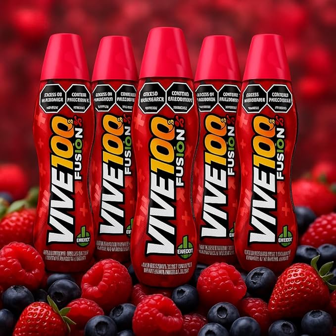 Fusión Vive 100% Energy Drink Red Berries Flavor 380 mL Bottles (Pack of 6)