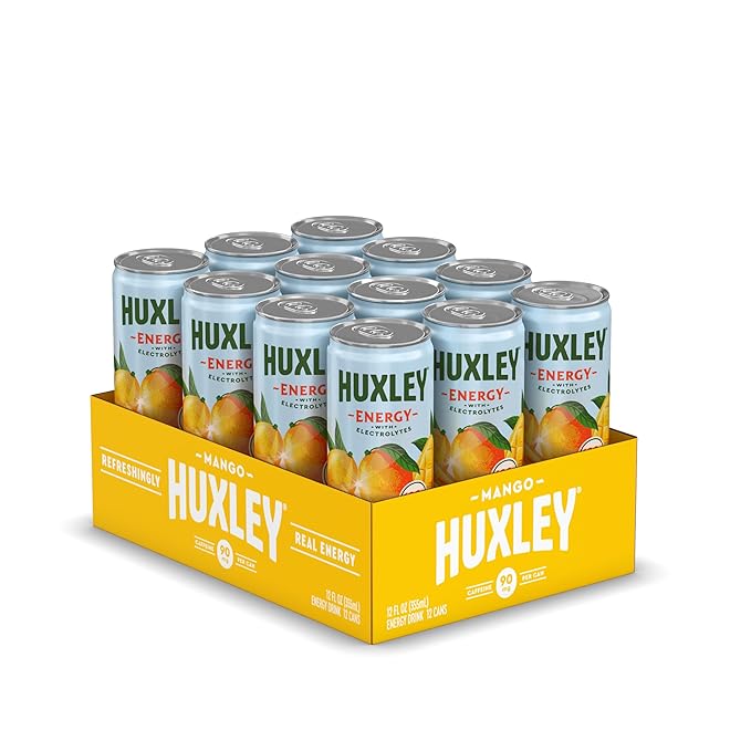 Huxley Superfruit Energy Drink Mango 90mg Natural Caffeine Electrolytes for Hydration 100% Real Ingredients 5g Organic Cane Sugar No Artificial Sweeteners or Flavors L-theanine for Sustained En