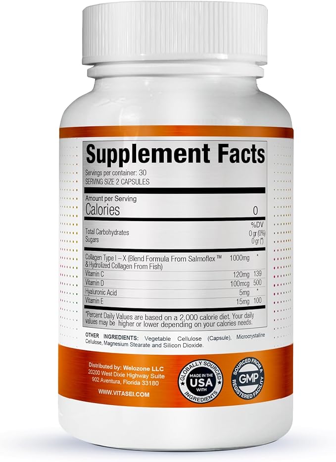 VITASEI Salmoflex Marine Collagen Peptides Pills W/Hyaluronic Acid Vitamin C D E | Salmon Supplements - Hair Skin Nails | Multivitamin for Women &amp Men | Knee Joint Relief - 60 Capsules