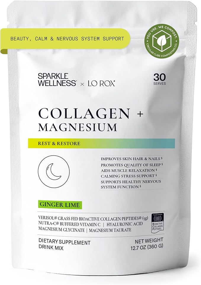 Collagen + Magnesium | VERISOL Bioactive Collagen Peptides Magnesium Glycinate &amp Taurate Salts | Lauren Roxburgh Rest + Restore | Calming Nightly Beauty Routine (Ginger Lime) [30 Serves]