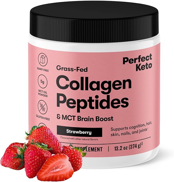 Perfect Keto Collagen Peptides Protein Powder with MCT Oil Hydrolyzed Collagen Type I &amp III Supplement Gluten Free Grass Fed Low Carb Keto Coffee Creamer Collagen for Women &amp Men Strawb