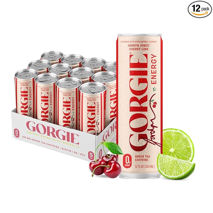 GORGIE Jordyn Jones Cherry Lime Sugar-Free Natural Energy Drink Sparkling Healthy Energy Drinks - Green Tea Biotin B Vitamins -150mg Caffeine Vegan &amp Low Calorie (Pack of 12)