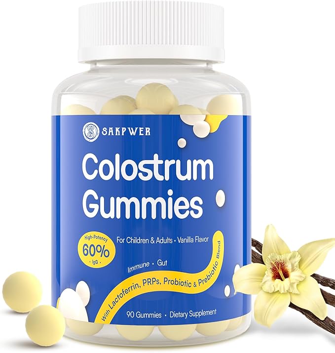 Bovine Colostrum Supplement Gummies - with 60% Highest IgG Lactoferrin Probiotics and Prebiotics for Adults and Kids Vanilla Flavor &amp Sugar Free 90 Gummies
