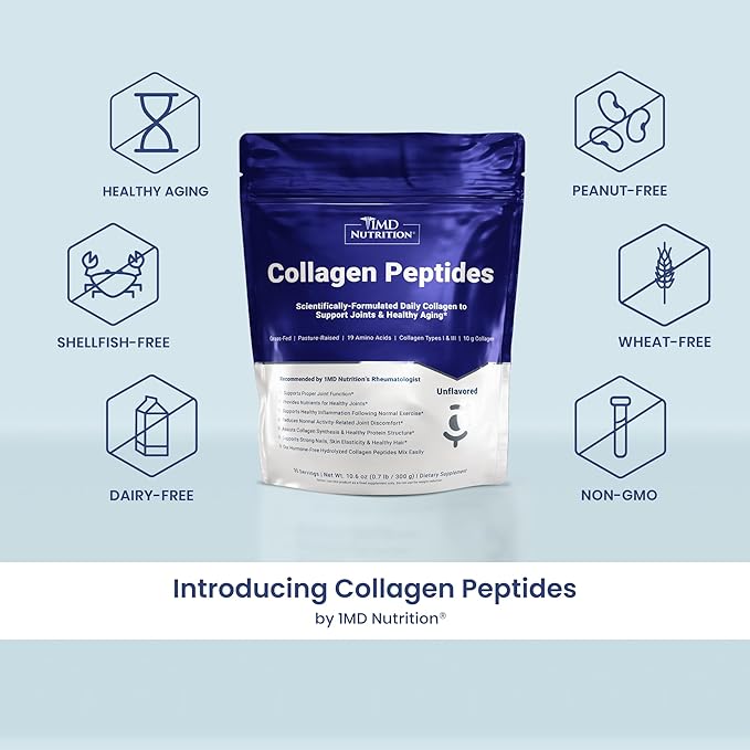 1MD Nutrition Collagen Peptides - Hydrolyzed Collagen Powder Types I &amp III for Women &amp Men - Joint Hair &amp Nail Support - Unflavored - 30 Servings