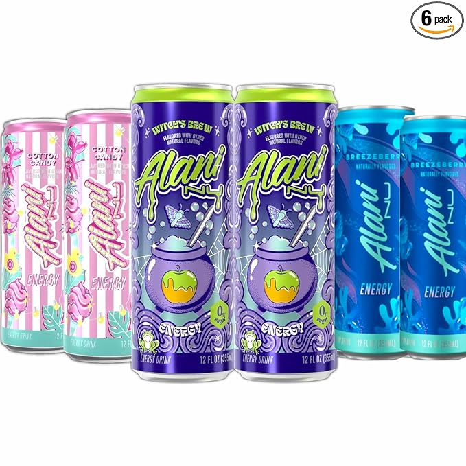 New Alani Energy Drinks Witch's Brew Cotton Candy Breezeberry - Limited Edition Flavors - Variety Pack Sugar-Free Low-Calorie 200mg Caffeine Energy Boost Drink 12 fl oz (Pack of 6)