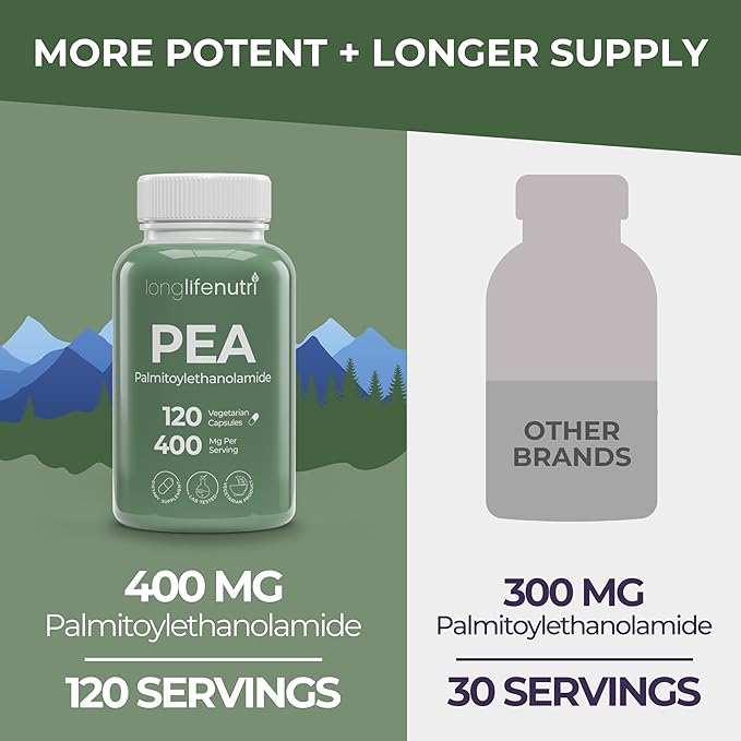 LongLifeNutri Palmitoylethanolamide (Pea) 400mg - 120 Vegetarian Capsules Organic Supplement for Discomfort Management 4-Month Supply Lab Tested Made in USA