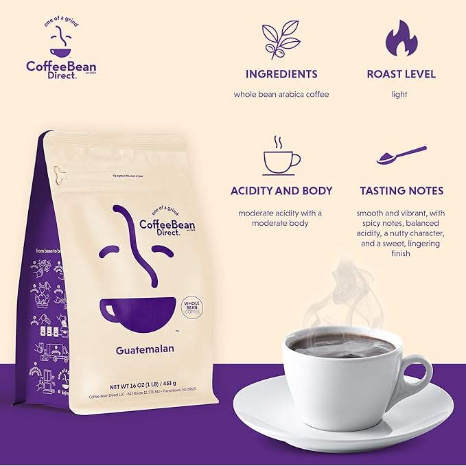 Coffee Bean Direct Guatemalan Whole Bean Coffee Arabica Coffee Light Roast 1 Pound Bag (Pack of 1)