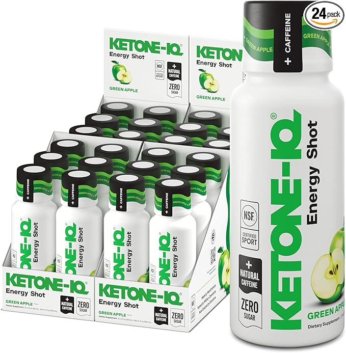 Ketone-IQ Ketone Energy Shots - 100mg Green Tea Caffeine 5g Exogenous Ketones and B Vitamins - 24 On The Go Caffeine Shots - Fast Acting Energy Drink (Green Apple)