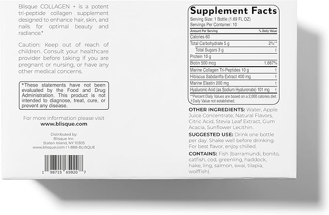 Blisque - Liquid Collagen Tri-Peptide Complex | with Biotin and Hyaluronic Acid | for Hair Skin and Nails | 30 Bottles | 30-Day Supply