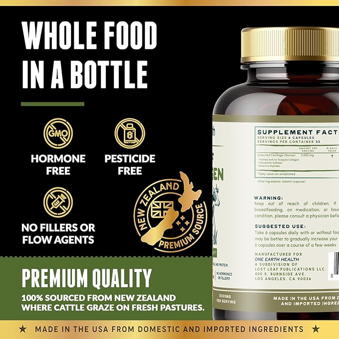 One Earth Health Grass Fed Beef Collagen - New Zealand Sourced Natural Collagen Supplement. (Types I II III V and X) 3000mg per Serving 200 Count