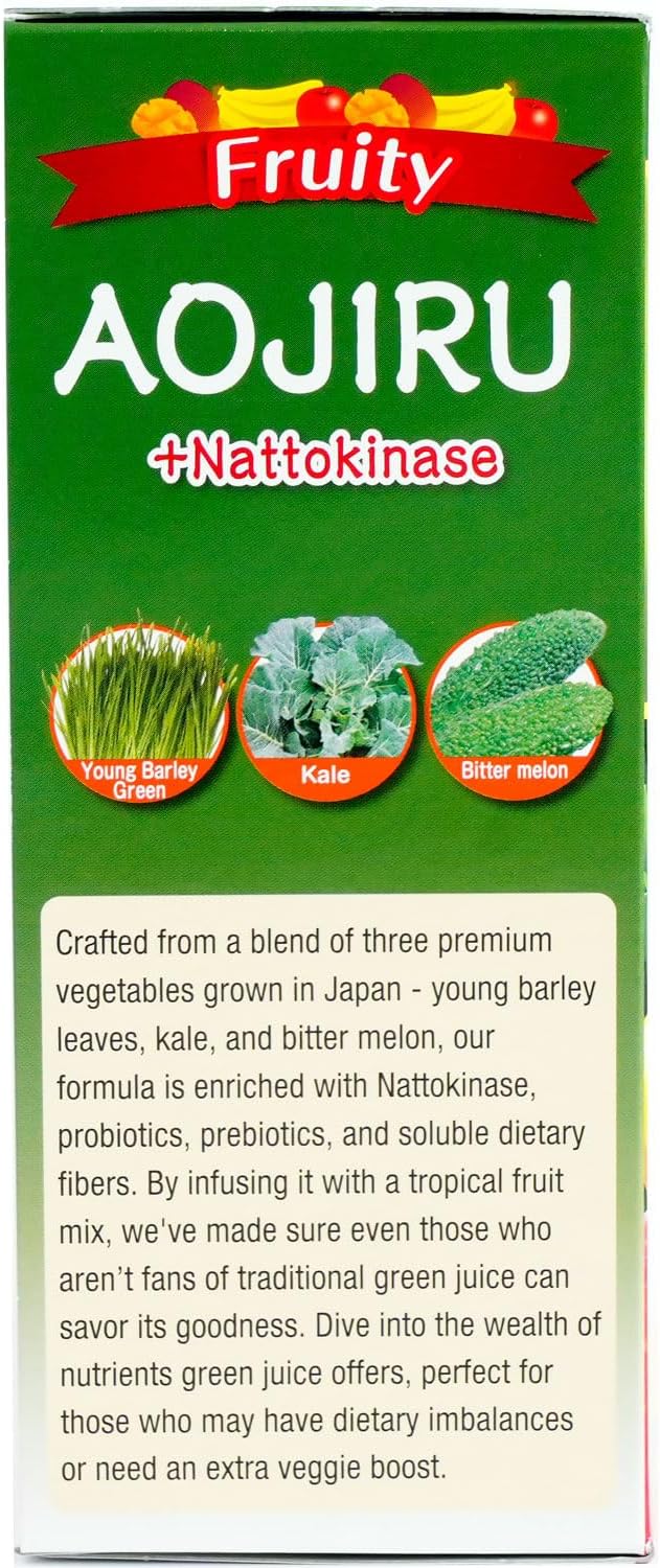 FINE JAPAN Green Aojiru Young Barley Grass Powder with Fruits and Nattokinase Powder juice &amp Smoothie Mix Superfood Vitamin Probiotics (154gr/5.4 oz/30 packets) (Pack of 2)