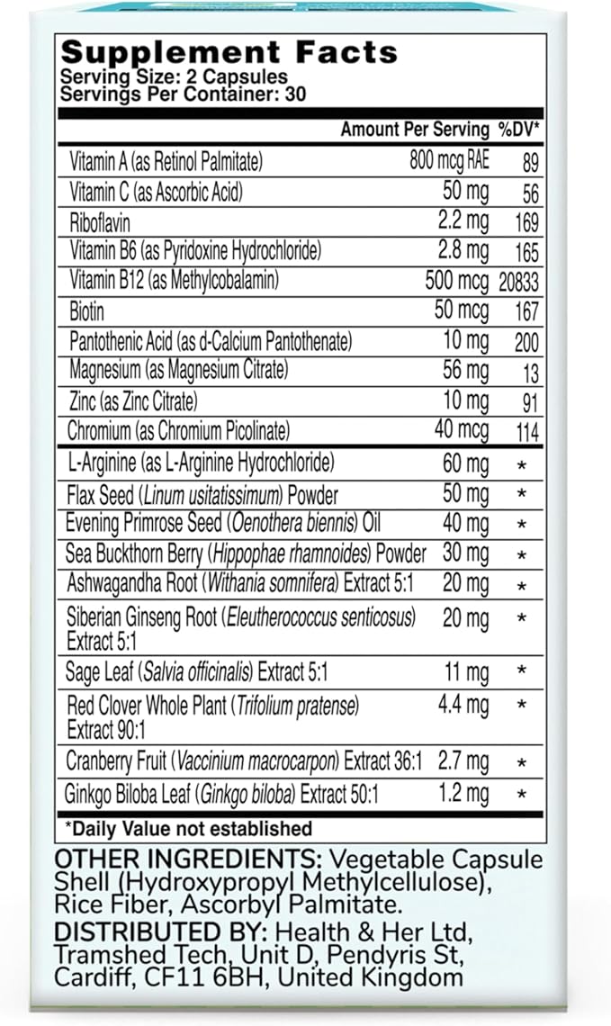Health &amp Her Menopause Supplements for Women - Multi-Nutrient Support Menopause Vitamins for Energy Bones Muscles Skin &amp Hair Vegan Gluten-Free Non GMO (60ct - 1 Month)