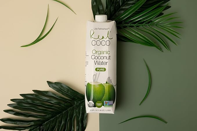 Real Coco Organic Pure Coconut Water (6-Pack 1L) USDA Organic No Added Sugar Plant Based Packed with Electrolytes Vegan