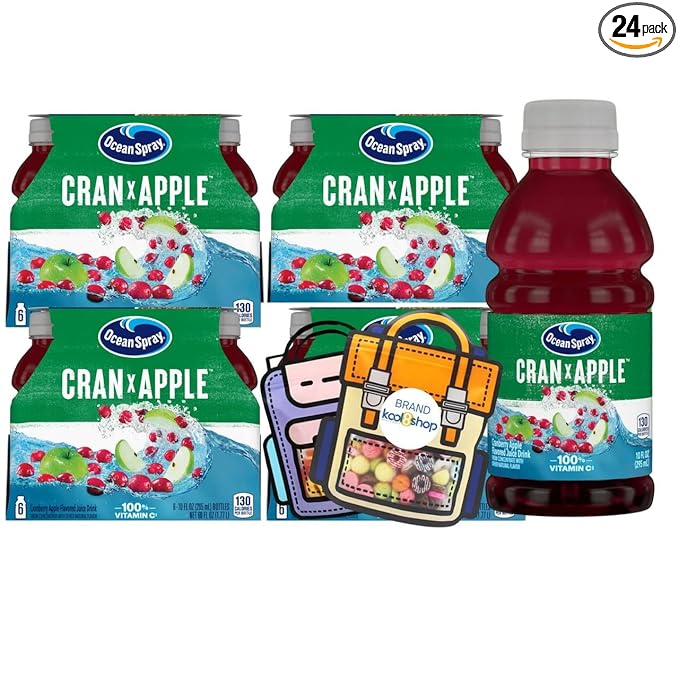 Ocean Spray Cran Apple Fruit Juice Drink 10 fl oz Plastic Bottles 24 Pack + 2 Reusable Snack Bags by KOOL8SHOP Infinite Deals