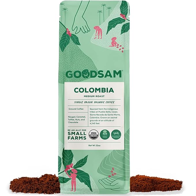 GoodSAM Colombian Medium Roast Organic Ground Coffee — Smooth &amp Balanced Flavor — Single-Origin Arabica Coffee — 32 oz Bulk Bag