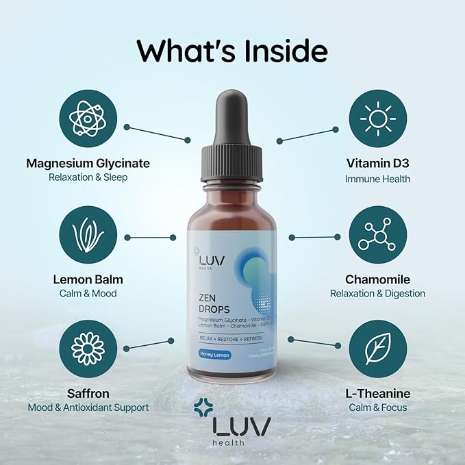 LUV Zen Drops: Anxiety and Stress Support Drops with Magnesium Glycinate Vitamin D3 Lemon Balm Chamomile Saffron L-Theanine. Keto Vegan USA Made Non-GMO 30 Servings (1)