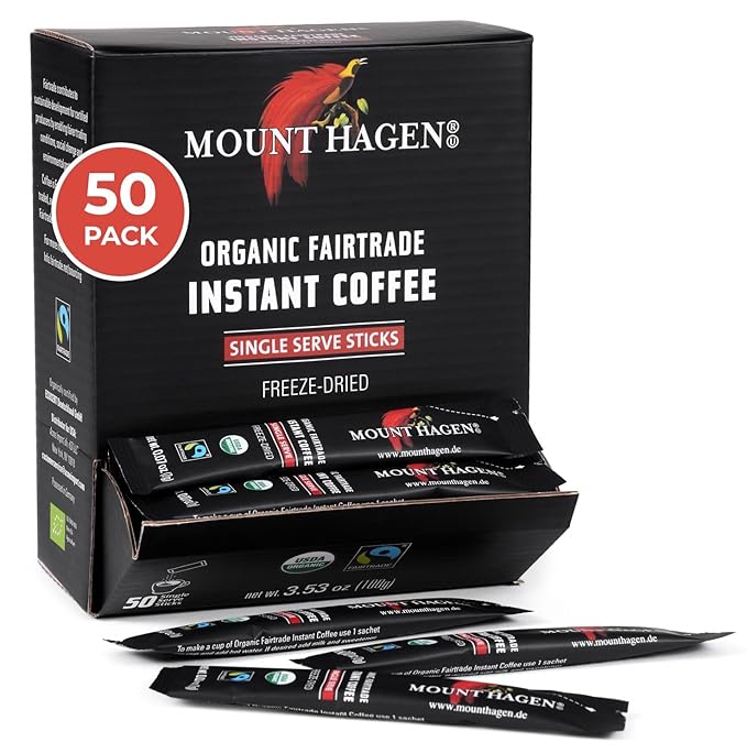 Mount Hagen Dispenser Box – 50 Count Organic Instant Coffee Packets Single Serve Medium Roast Eco-friendly Fair-Trade Freeze-dried Arabica Beans [50 sticks/3.53oz/100g]