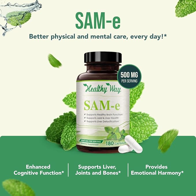 500mg SAM-e Supplement - High Strength 500mg S-Adenosyl-L-Methionine Capsules for Brain Liver and Mood Support - Non-GMO High Absorption Same Supplement (180 Capsules)