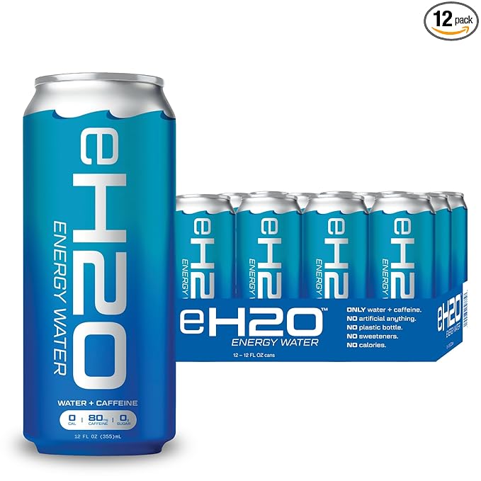 eH2O Energy Water - Tastes Like Water 80mg Natural Caffeine 0 Calories 0g Sugar 2 Ingredients Caffeine Water Clean Energy Drink Alternative 12 Pack - 12 Fl Oz