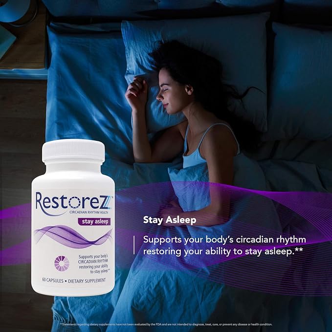 RestoreZ Stay Asleep (60 Capsules) Natural Sleep Supplement - Maintain Long Restful Sleep Throughout The Night - Non-Habit Forming Sleep Aid
