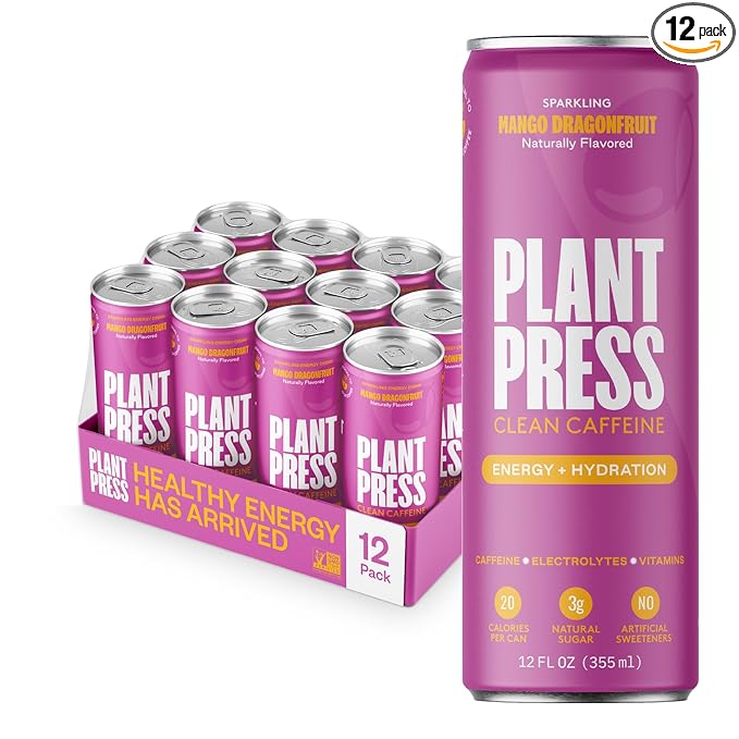 Plant Press - Organic Energy Drink 100 mg Caffeine Clean Coffee Alternative Full Range of Vitamins Electrolytes No Sugar Alcohols No Preservatives (12 Fl Oz (Pack of 12) Mango Dragonfruit)