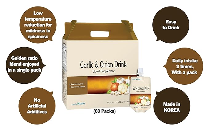 Chunho Food Garlic &amp Onion Juice Contains 100% Garlic &amp Onion. Enhance Immunity. No Preservatives and Artificial Additives. [60 Pack]