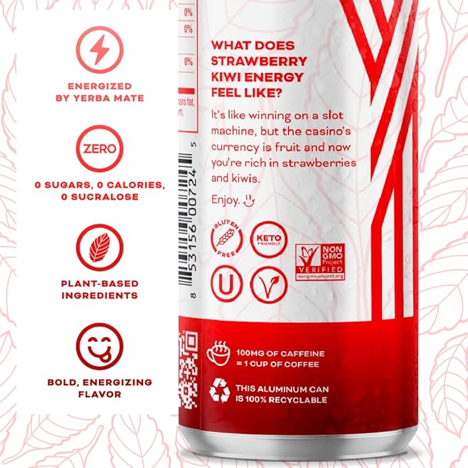 Yerbaé Energy Seltzer - Strawberry Kiwi No Sugar/Calories/Carbs. Energized by Yerba Mate Naturally Caffeinated Plant-Based Healthy Alternative to Coffee/Sugary Sodas Pack of 12 12oz cans