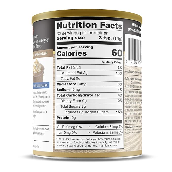 Caffe D'Vita Caramel Cappuccino Mix - Instant Coffee Mix No Cholesterol No Trans Fat 99% Caffeine Free Gluten Free - 1 lb. can (16 oz.)