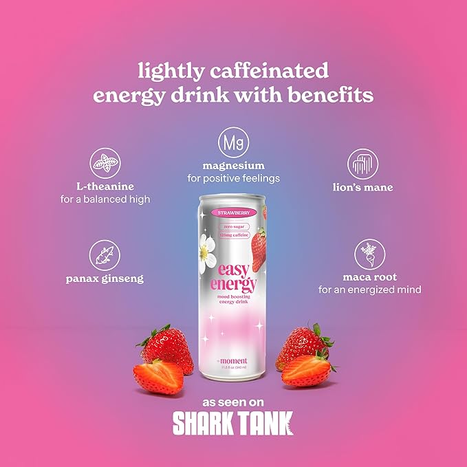 Easy Energy Drink (Strawberry) – Zero Sugar Sparkling Energy Drink with Natural Caffeine Magnesium &amp Lion’s Mane – Clean Energy for Workouts &amp Busy Days – 12 Pack