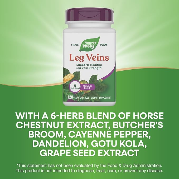 Nature's Way Leg Veins Supports Healthy Leg Vein Strength* 6-Herb Blend With Horse Chestnut Extract Dandelion Gluten Free 120 Vegan Capsules (Packaging May Vary)