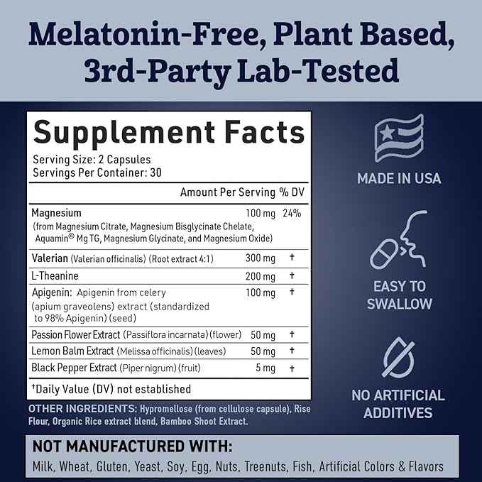 Apigenin Supplement for Sleep. Best Natural Sleep Aid Without Melatonin for Adults. With L-Theanine &amp Magnesium. Plant-Based Nighttime Support. Apigenina Suplemento.