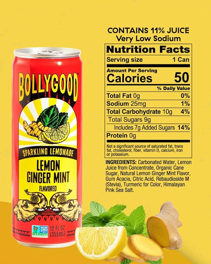Bollygood Sparkling Lemonade Lemon Ginger Mint Indian Inspired Beverage Nimbu Pani No Artifical Colors or Flavors Non-GMO Project Verified12 FL OZ Cans (Pack of 12)