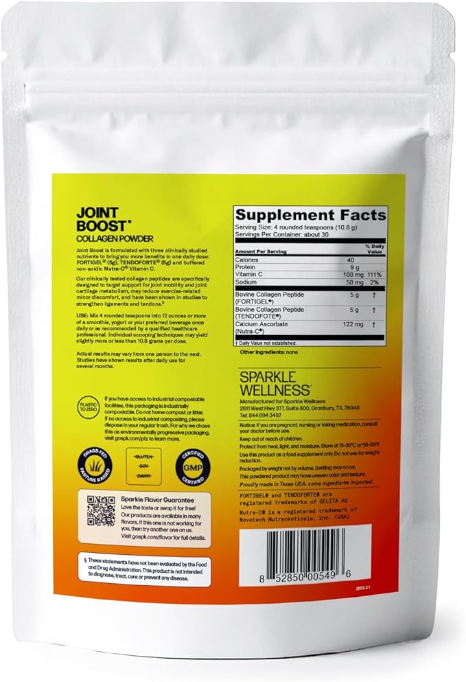 Sparkle Wellness FORTIGEL &amp TENDOFORTE Collagen Peptides | Collagen Powder with Calcium Ascorbate Vitamin C to Support Joint Mobility Tendon &amp Ligament Health | Joint Boost (No Flavor) [30-Se