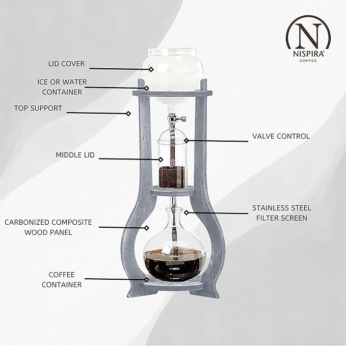Nispira Iced Coffee Cold Brew Drip Tower Coffee Maker Wooden 6-8 cup Grey